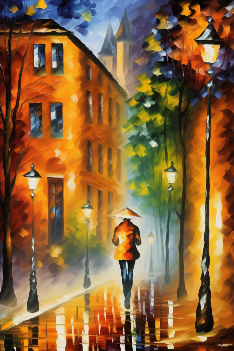 00295-2834618581-_lora_Leonid Afremov Style_1_Leonid Afremov Style - A charming European street scene, with old buildings and cobblestone roads,.png